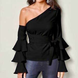 VENUS Ruffle Off the Shoulder One Sleeve Tie Waist Top